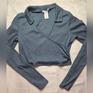 Everglow Womens Blue Waffle Knit Deep V-neck Long Sleeve Cropped Top Size Medium